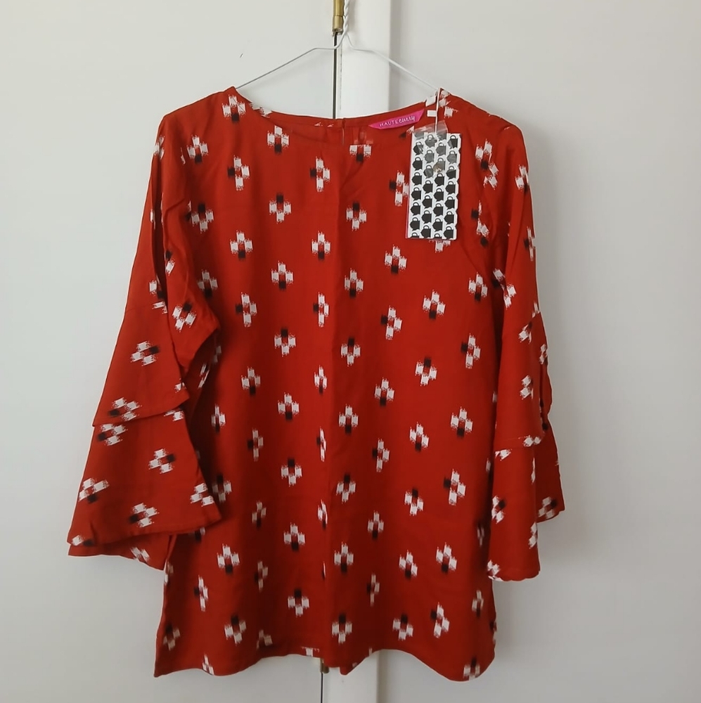 Haute Curry Red Black White Ikat pattern Bell Sleeves Top NWT